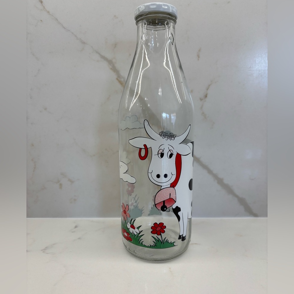 Vintage Glass Milk Bottle With Smiling Cow Illustration Made in Italy